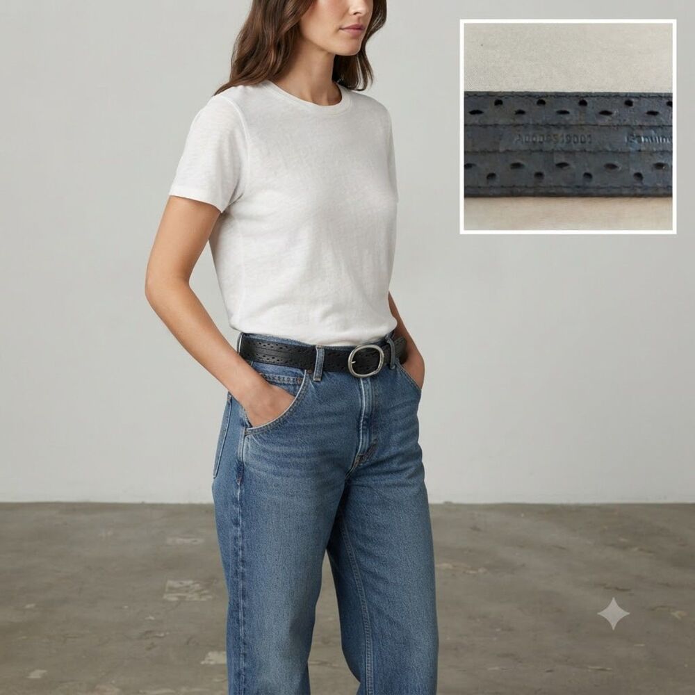 Carhartt Womens Black Perforated Leather Belt 32/34 M Silver Script Logo Buckle
